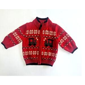 Oshkosh Sweater, Full Zip Train Snowflake Winter Red Boys Knit Sweater, 18 mos
